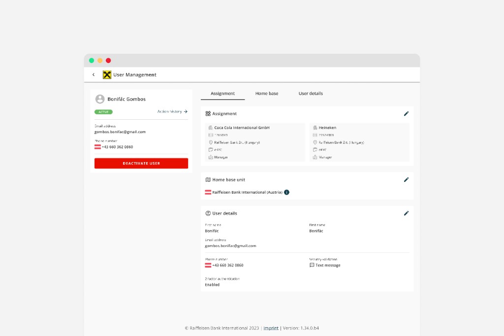 Raiffeisen Bank International User Management: profile sidebar, Assignment and Home base tabs, company assignments, and user details.