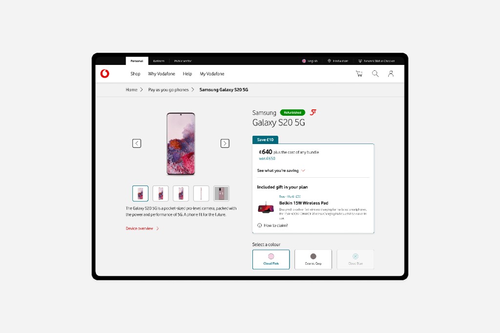 Vodafone UK Pay As You Go shop: Samsung Galaxy S20 5G product page with gallery, pricing, gift offer, and colour selection.