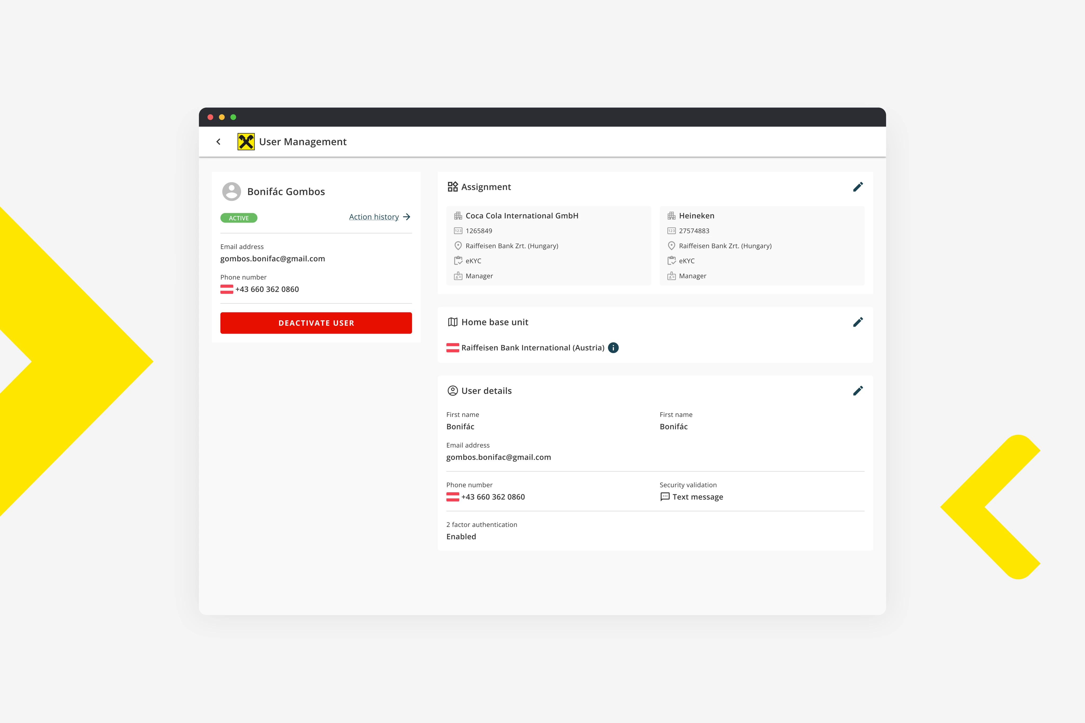 Raiffeisen Bank International User Management: profile sidebar, Assignment and Home base tabs, company assignments, and user details.