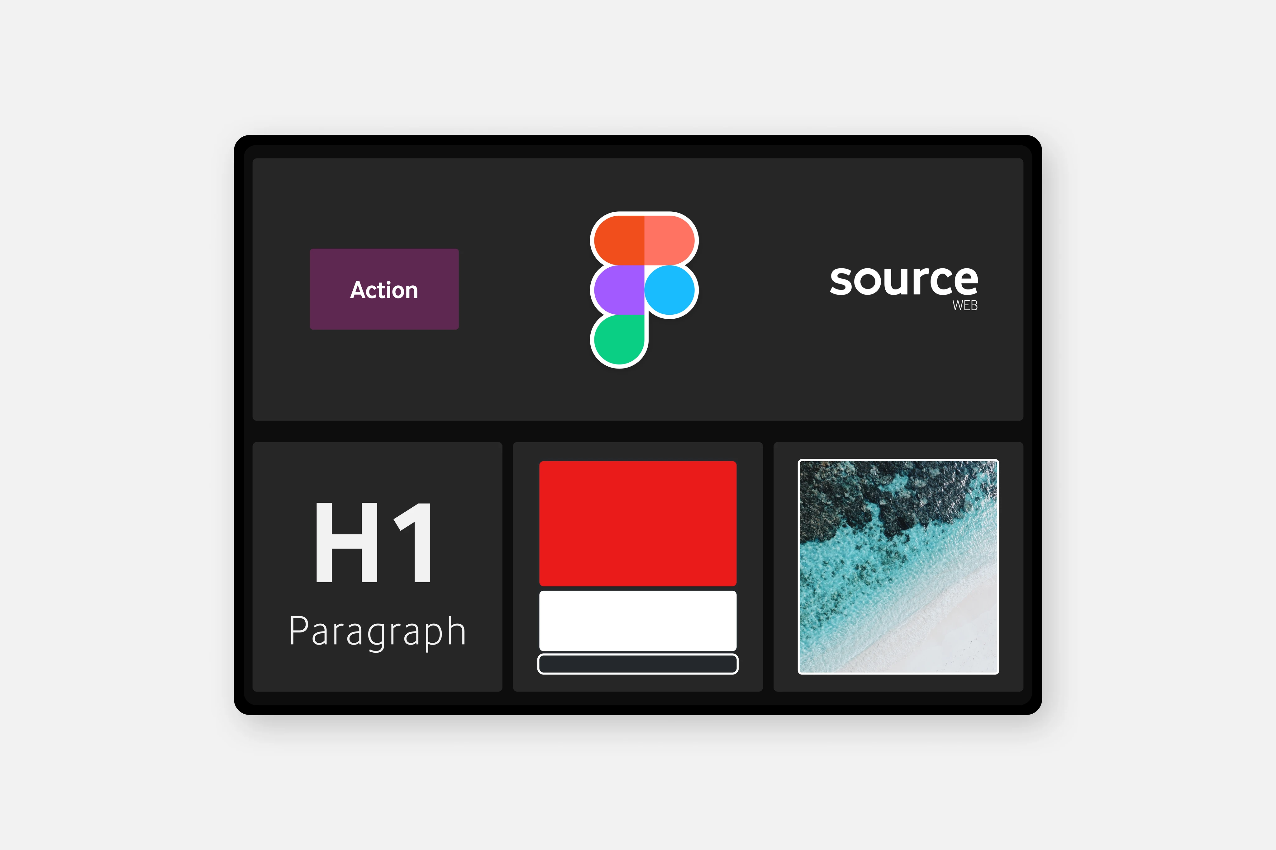 Design system bento layout: Action button, Figma logo, Source web label, typography sample, colour swatches, and photography tile on a dark panel.