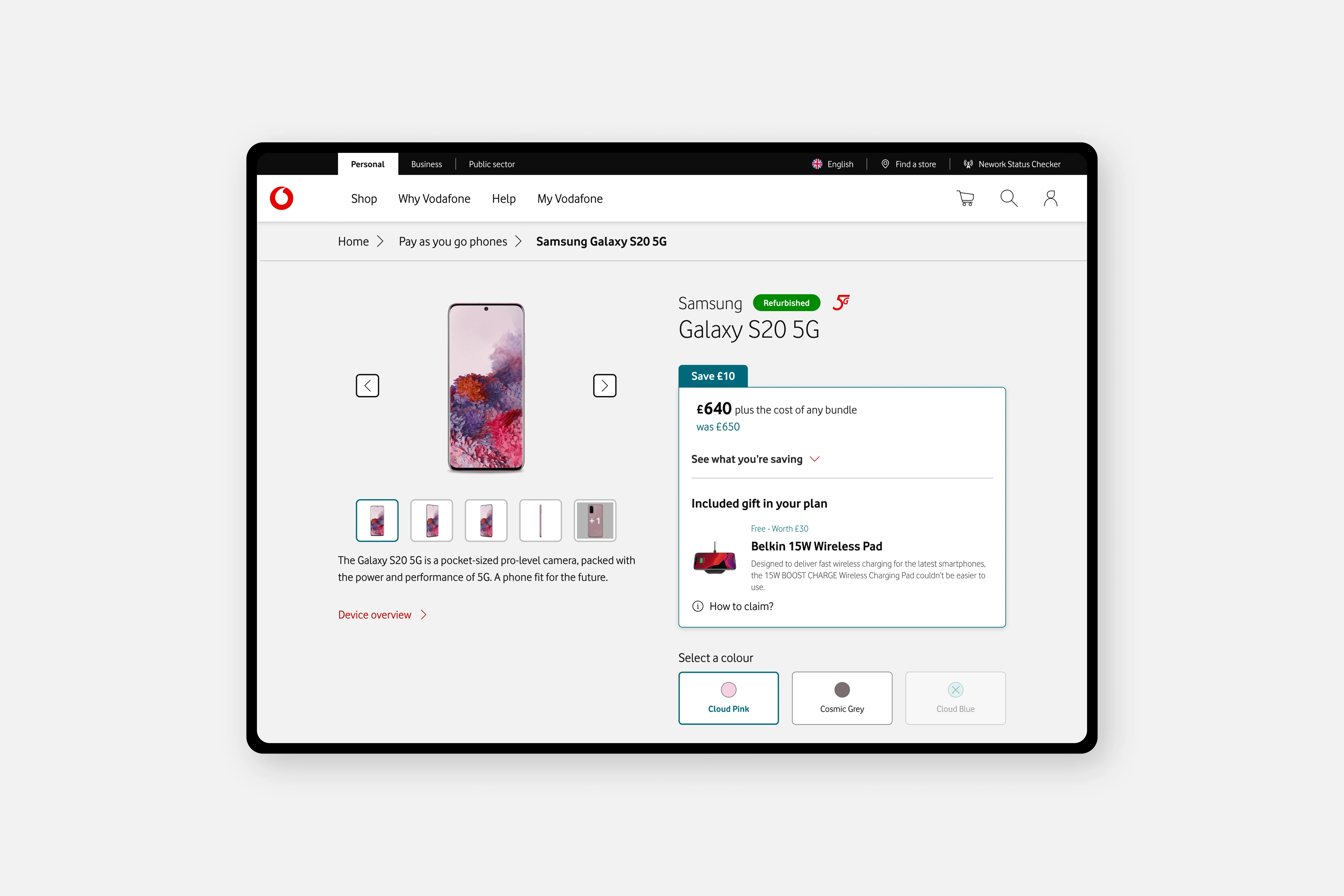 Vodafone UK Pay As You Go shop: Samsung Galaxy S20 5G product page with gallery, pricing, gift offer, and colour selection.