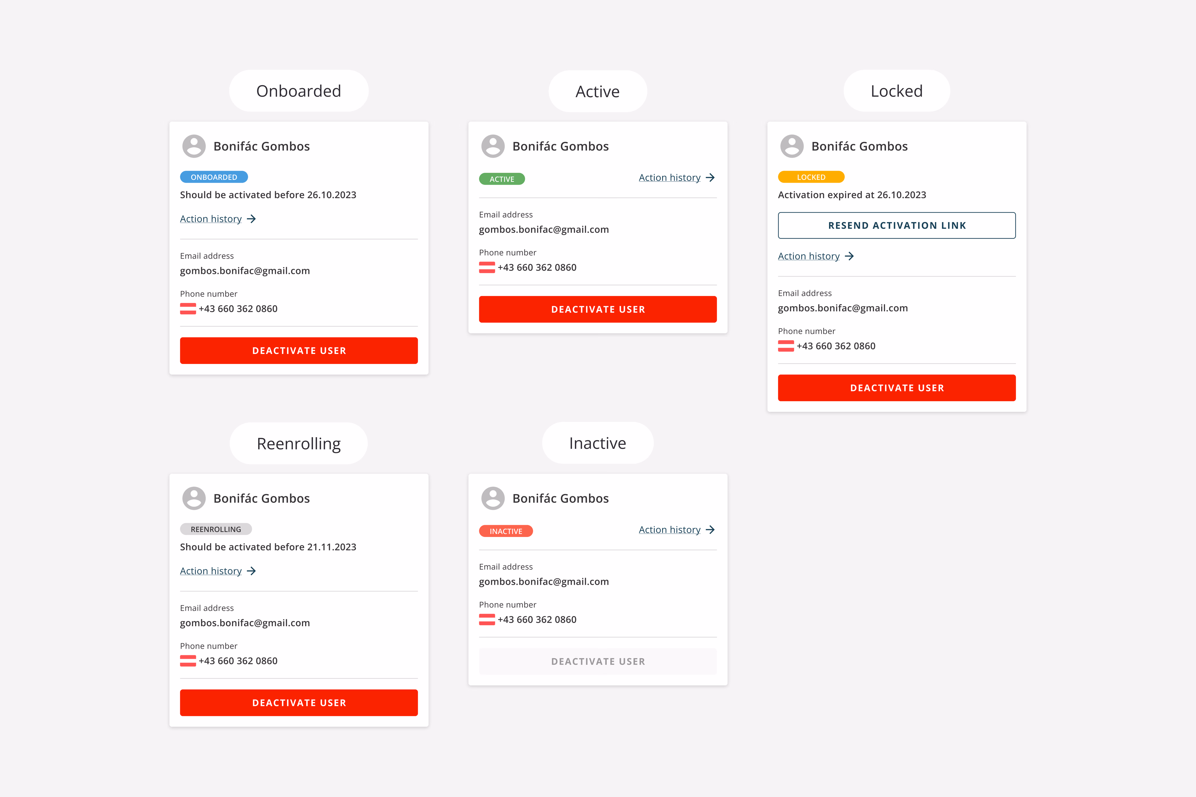 myRaiffeisen profile status messaging: onboarded, reenrolling, expired activation, and locked states with due dates and next actions.