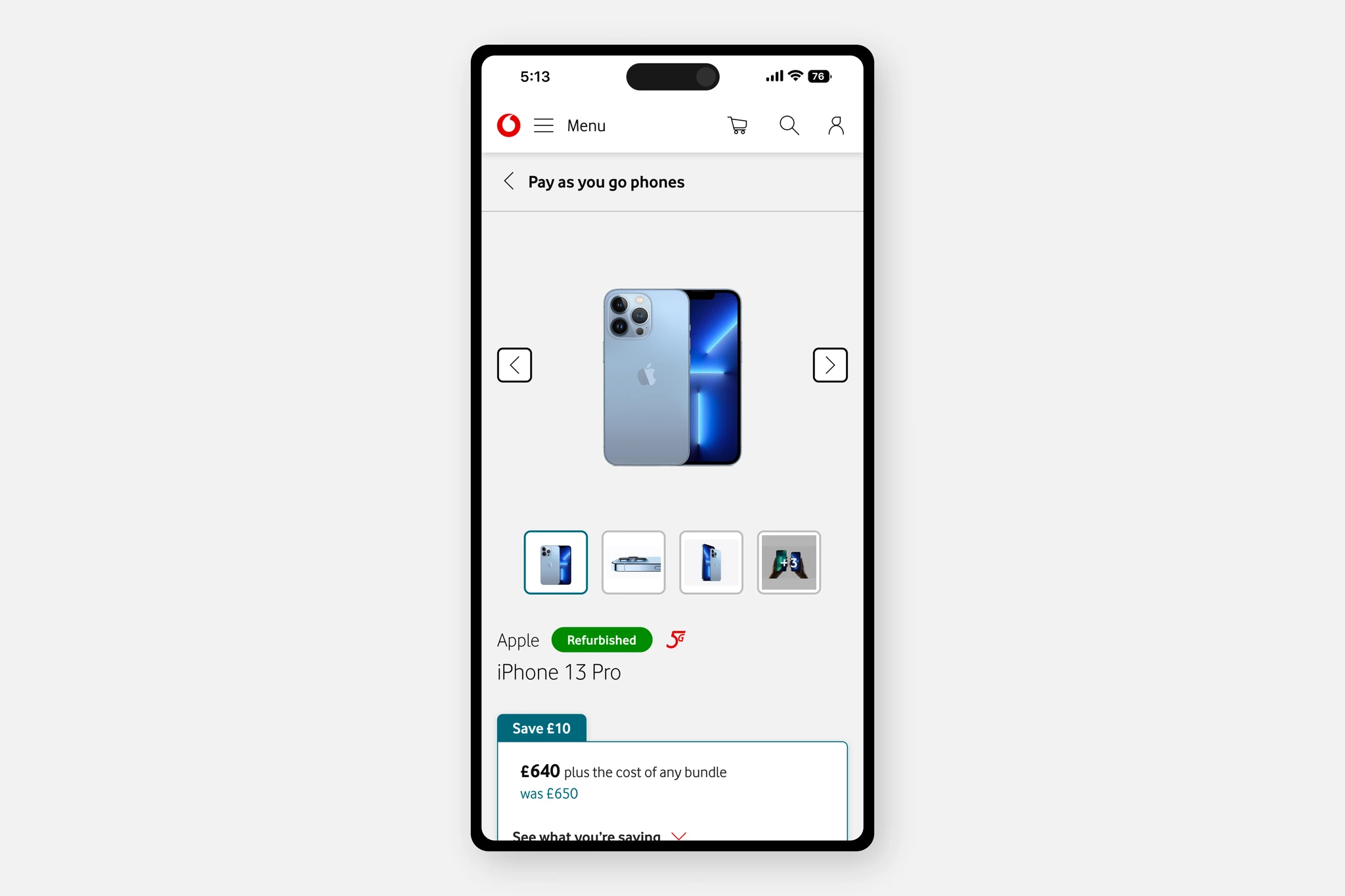 Unified Gallery component with thumbnail navigation and main product image on a Vodafone product page.