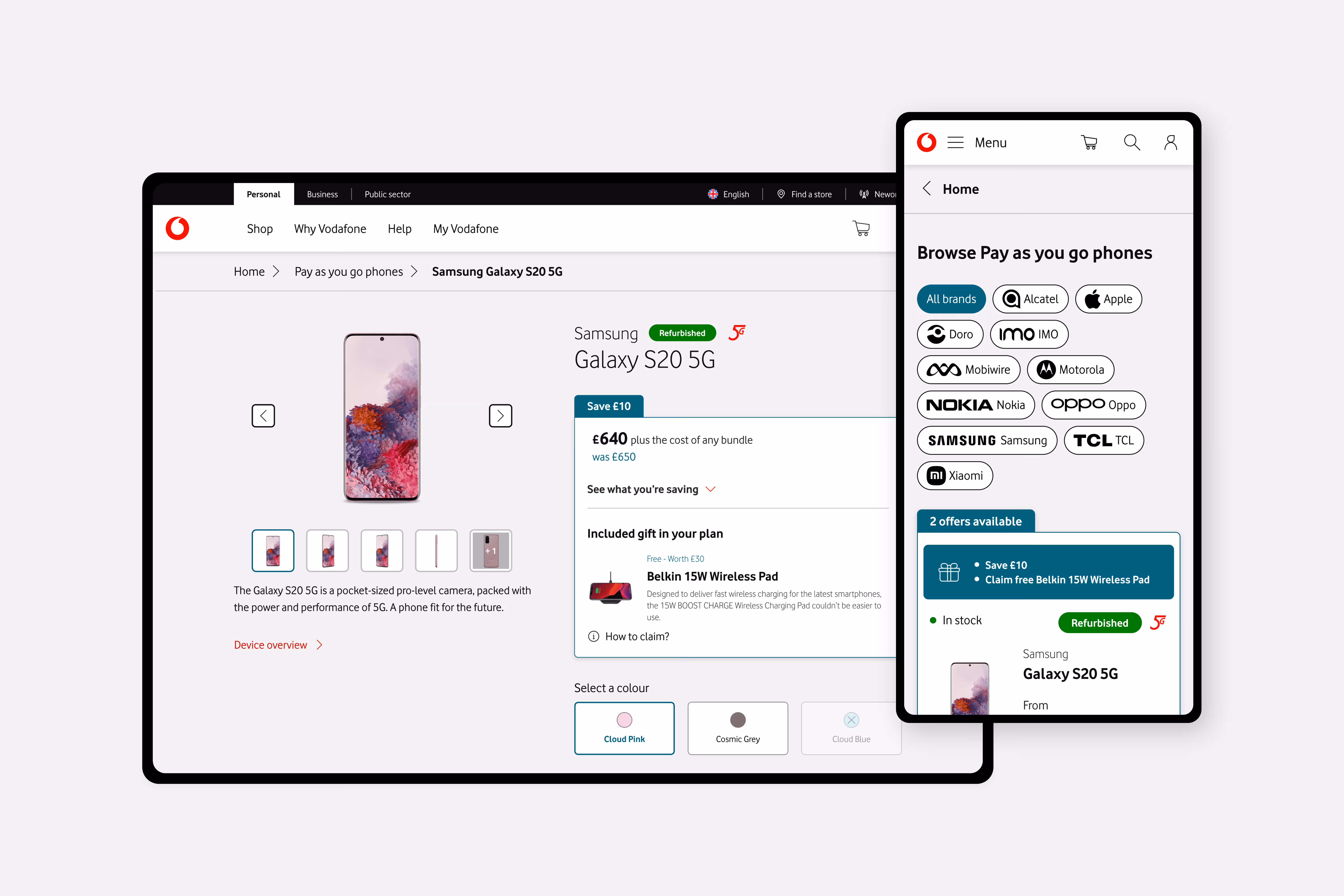 Vodafone UK Pay As You Go product page with unified Gallery and card grid on a device viewport.