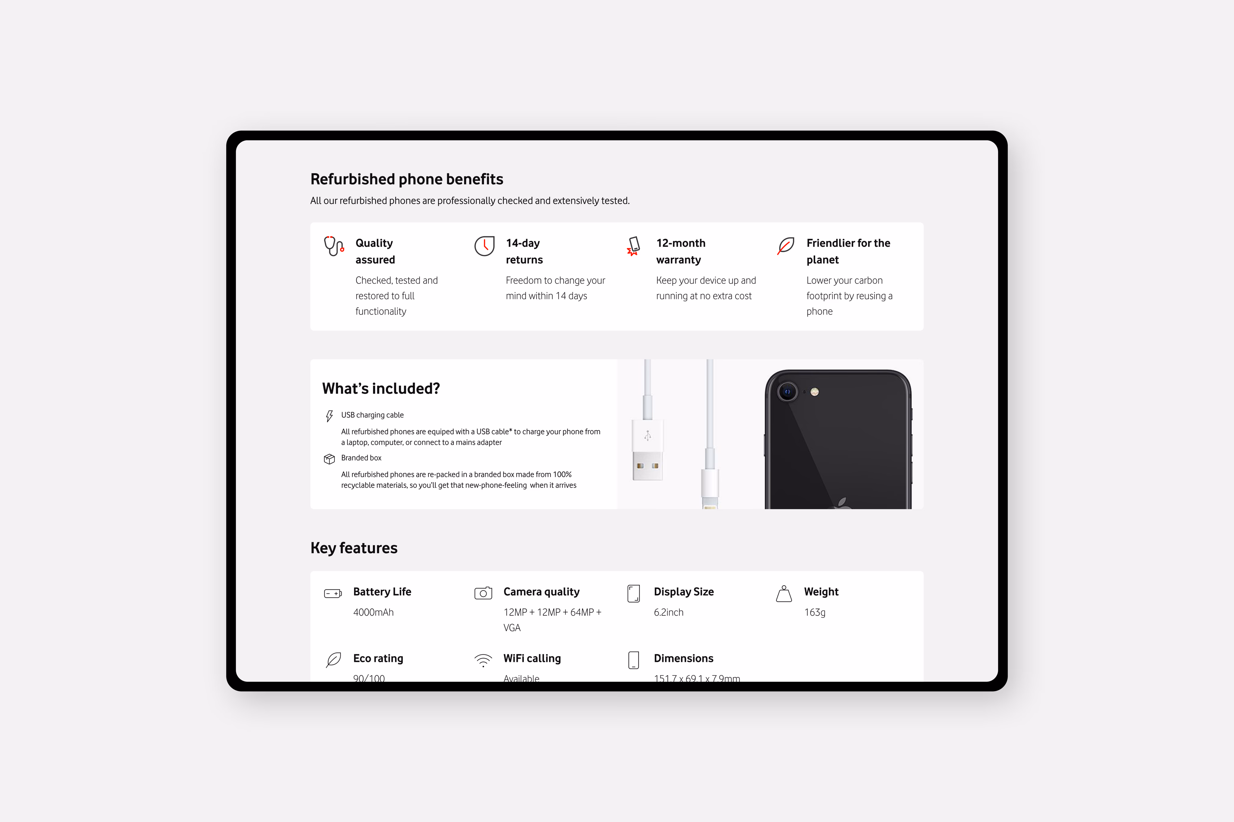 Refurbished device listing with inclusions and renew messaging visible on the product page.